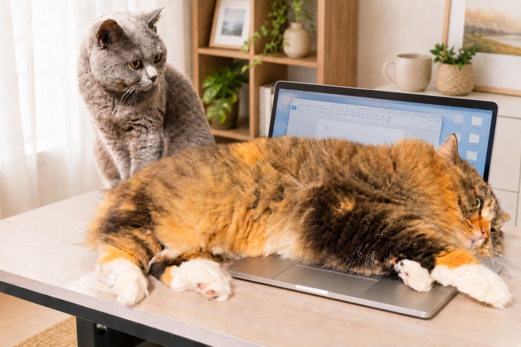 ノートパソコンの上に寝そべって作業を邪魔する猫とそれを見るもう一匹の猫