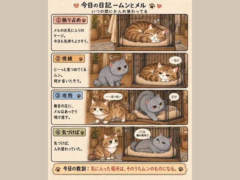 メルが静かにくつろいでいるケージを横取りするムンの4コマ漫画