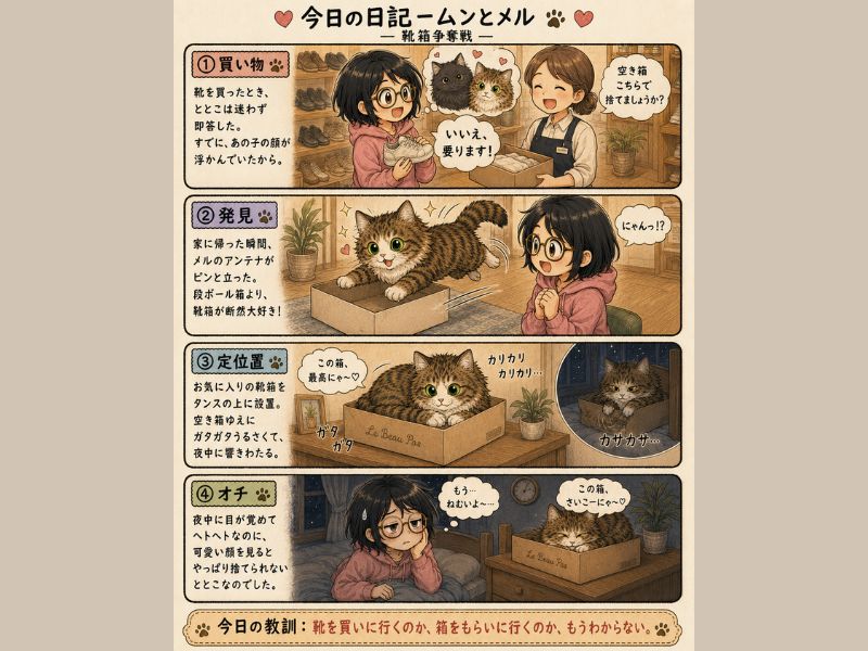 靴の入ってた空き箱は必ずもらってきてメルの寝床にする4コマ